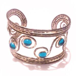 Silver Tone and Blue Glass Cabochon Boho Inspired Cuff Bracelet